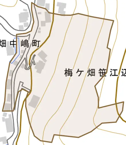 梅ケ畑笹江辺町とその周辺の地図。町の範囲を重ねている