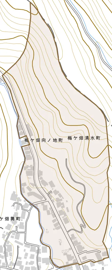 梅ケ畑清水町とその周辺の地図。町の範囲を重ねている