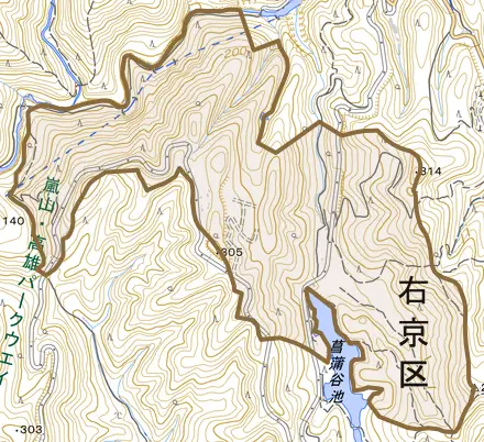 梅ケ畑菖蒲谷とその周辺の地図。町の範囲を重ねている