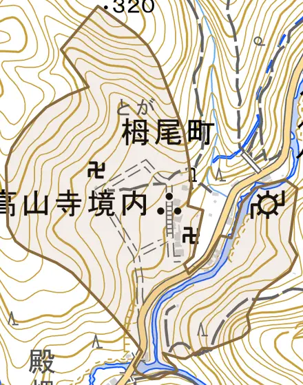 梅ケ畑栂尾町とその周辺の地図。町の範囲を重ねている