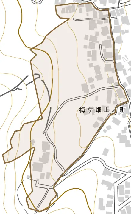 梅ケ畑上ノ町とその周辺の地図。町の範囲を重ねている