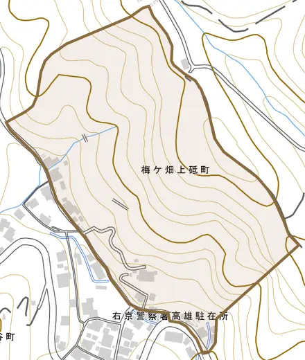 梅ケ畑上砥町とその周辺の地図。町の範囲を重ねている