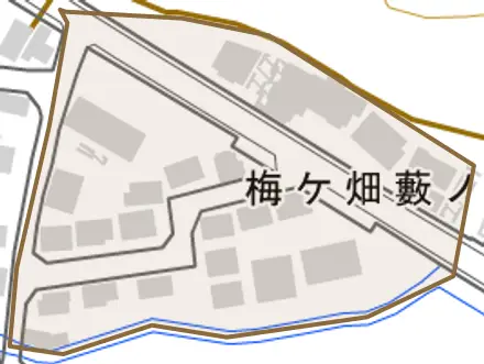 梅ケ畑藪ノ下町とその周辺の地図。町の範囲を重ねている
