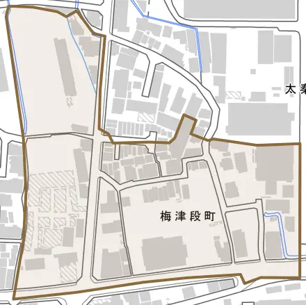 梅津段町とその周辺の地図。町の範囲を重ねている