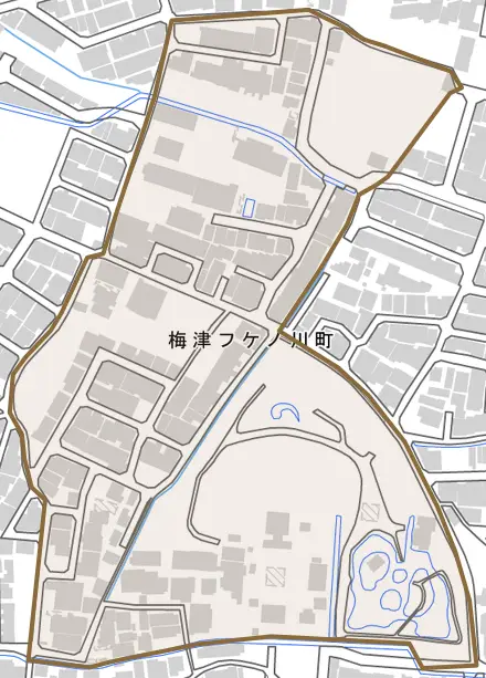 梅津フケノ川町とその周辺の地図。町の範囲を重ねている