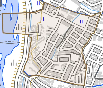 梅津罧原町とその周辺の地図。町の範囲を重ねている
