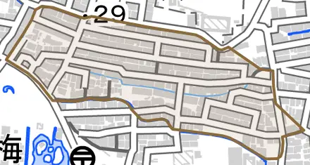 梅津林口町とその周辺の地図。町の範囲を重ねている