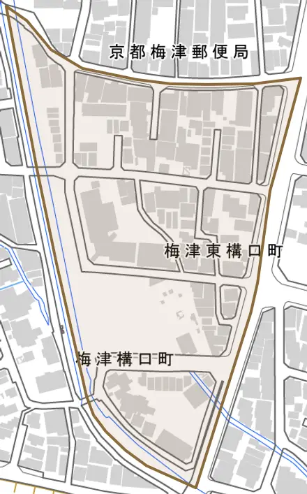 梅津東構口町とその周辺の地図。町の範囲を重ねている