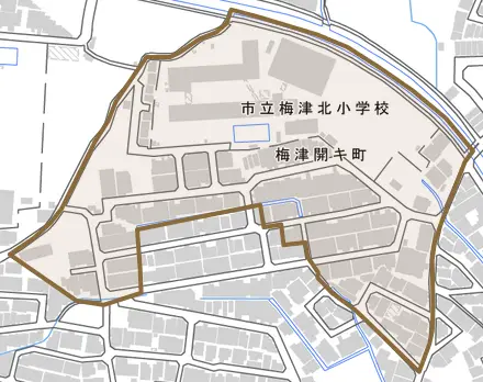 梅津開キ町とその周辺の地図。町の範囲を重ねている