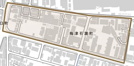 梅津石灘町とその周辺の地図。町の範囲を重ねている