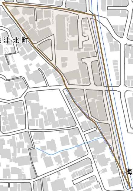 梅津構口町とその周辺の地図。町の範囲を重ねている