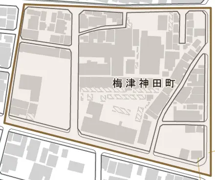 梅津神田町とその周辺の地図。町の範囲を重ねている