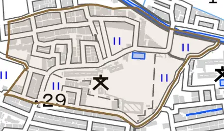 梅津北川町とその周辺の地図。町の範囲を重ねている