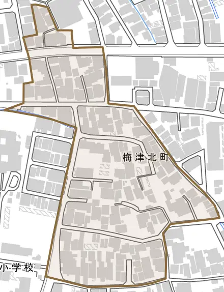 梅津北町とその周辺の地図。町の範囲を重ねている