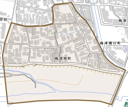 梅津南町とその周辺の地図。町の範囲を重ねている