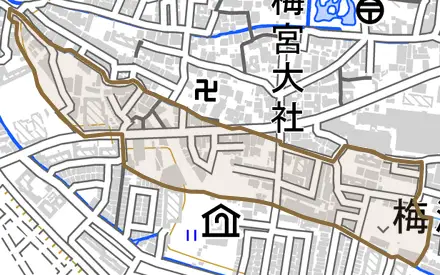 梅津中倉町とその周辺の地図。町の範囲を重ねている