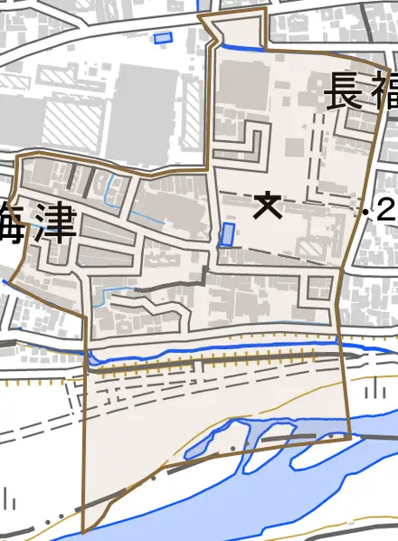 梅津中村町とその周辺の地図。町の範囲を重ねている