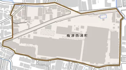 梅津西浦町とその周辺の地図。町の範囲を重ねている