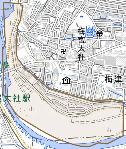 梅津大縄場町とその周辺の地図。町の範囲を重ねている