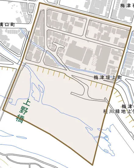 梅津堤上町とその周辺の地図。町の範囲を重ねている