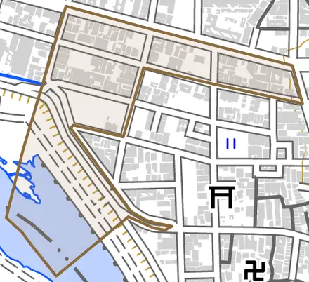 梅津堤下町とその周辺の地図。町の範囲を重ねている