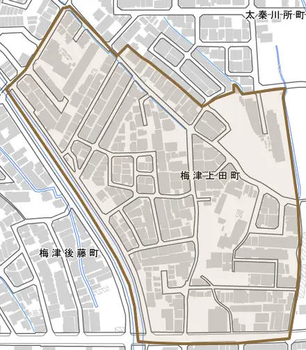 梅津上田町とその周辺の地図。町の範囲を重ねている