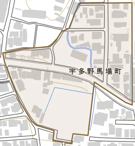 宇多野馬場町とその周辺の地図。町の範囲を重ねている