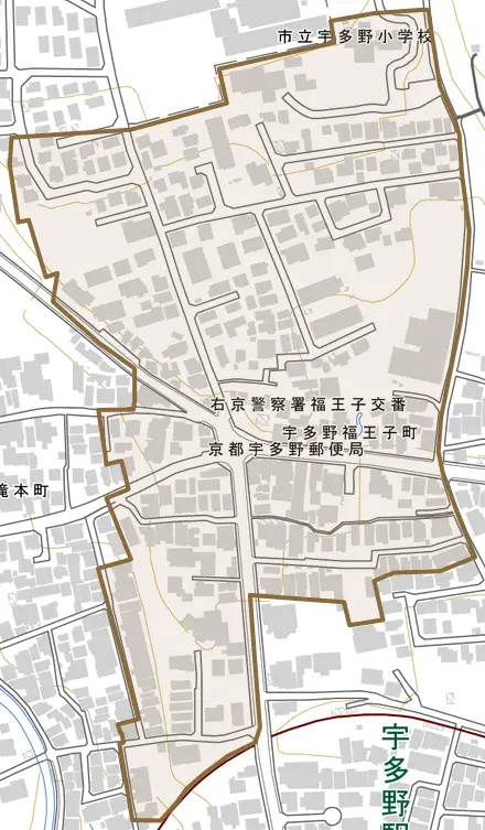 宇多野福王子町とその周辺の地図。町の範囲を重ねている