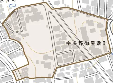 宇多野御屋敷町とその周辺の地図。町の範囲を重ねている
