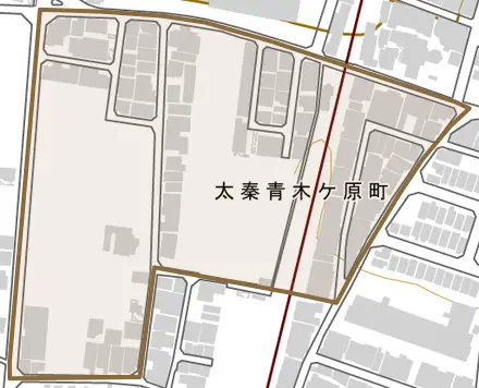 太秦青木ケ原町とその周辺の地図。町の範囲を重ねている