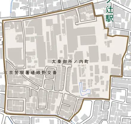 太秦御所ノ内町とその周辺の地図。町の範囲を重ねている
