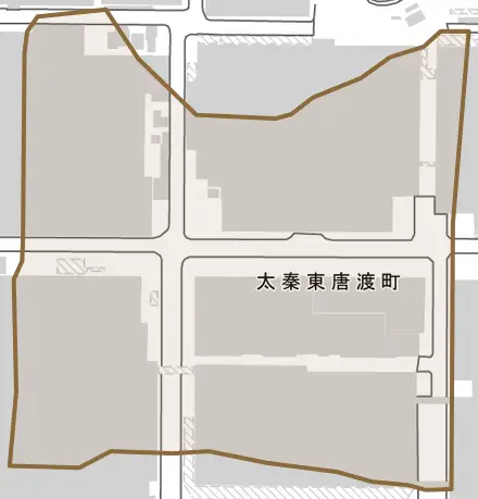 太秦東唐渡町とその周辺の地図。町の範囲を重ねている