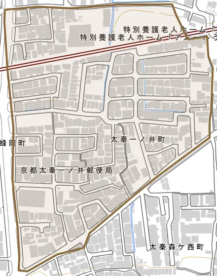 太秦一ノ井町とその周辺の地図。町の範囲を重ねている