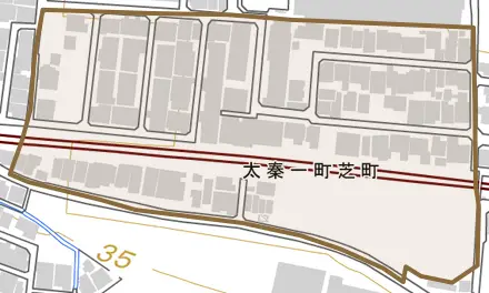 太秦一町芝町とその周辺の地図。町の範囲を重ねている