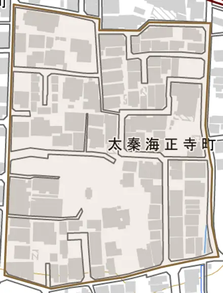 太秦海正寺町とその周辺の地図。町の範囲を重ねている