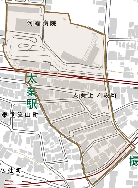 太秦上ノ段町とその周辺の地図。町の範囲を重ねている