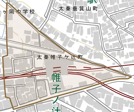 太秦帷子ケ辻町とその周辺の地図。町の範囲を重ねている