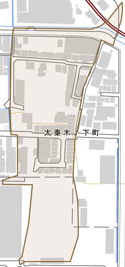 太秦木ノ下町とその周辺の地図。町の範囲を重ねている