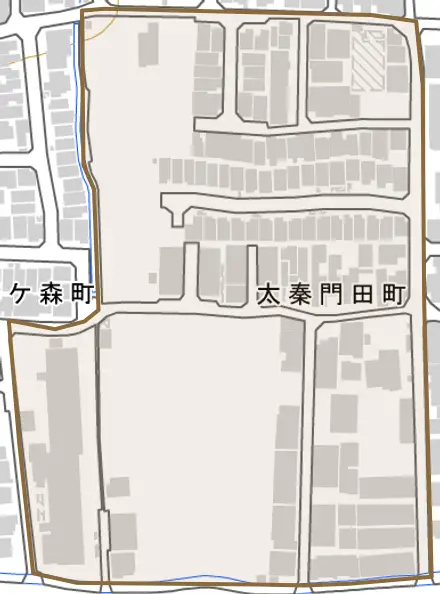 太秦門田町とその周辺の地図。町の範囲を重ねている