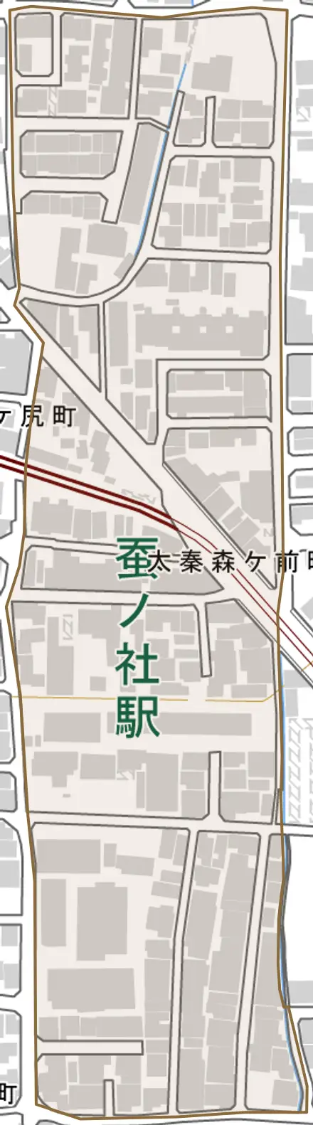太秦森ケ前町とその周辺の地図。町の範囲を重ねている