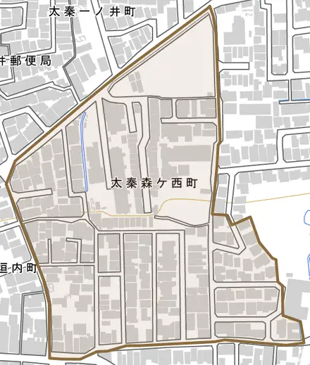 太秦森ケ西町とその周辺の地図。町の範囲を重ねている