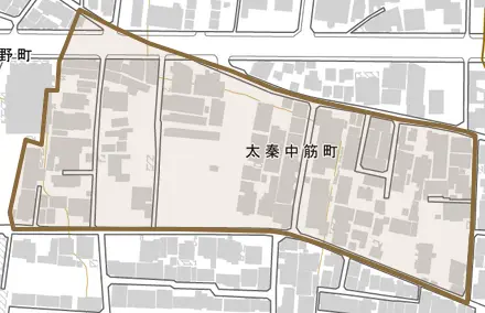 太秦中筋町とその周辺の地図。町の範囲を重ねている