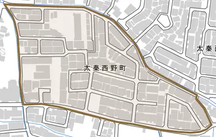 太秦西野町とその周辺の地図。町の範囲を重ねている