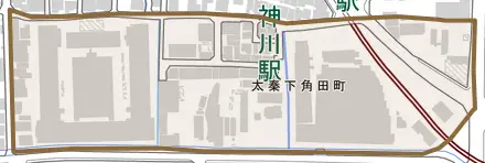 太秦下角田町とその周辺の地図。町の範囲を重ねている