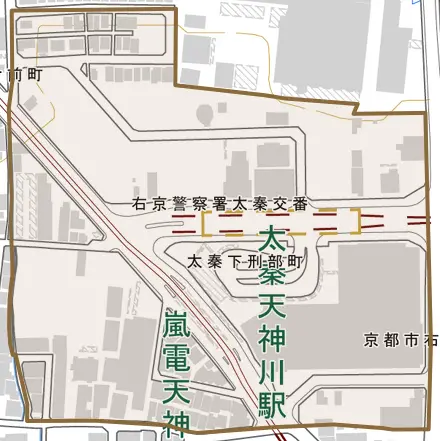 太秦下刑部町とその周辺の地図。町の範囲を重ねている