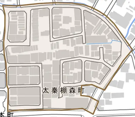 太秦棚森町とその周辺の地図。町の範囲を重ねている