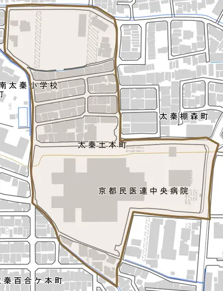 太秦土本町とその周辺の地図。町の範囲を重ねている