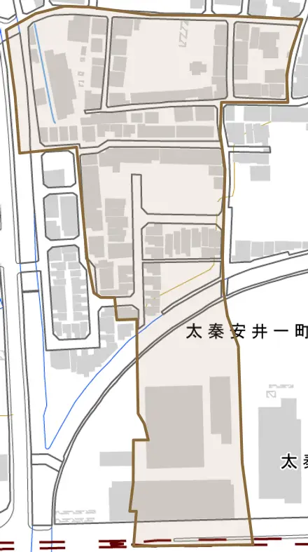 太秦安井一町田町とその周辺の地図。町の範囲を重ねている