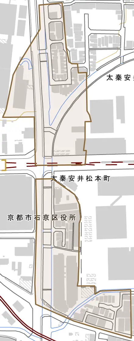 太秦安井松本町とその周辺の地図。町の範囲を重ねている