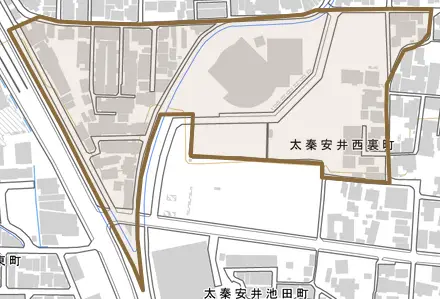 太秦安井西裏町とその周辺の地図。町の範囲を重ねている